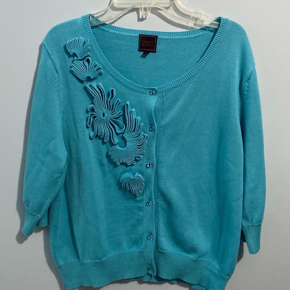 VINTAGE BUTTON DOWN SWEATER with APPLIQUÉ TURQUOISE EUC Size L
